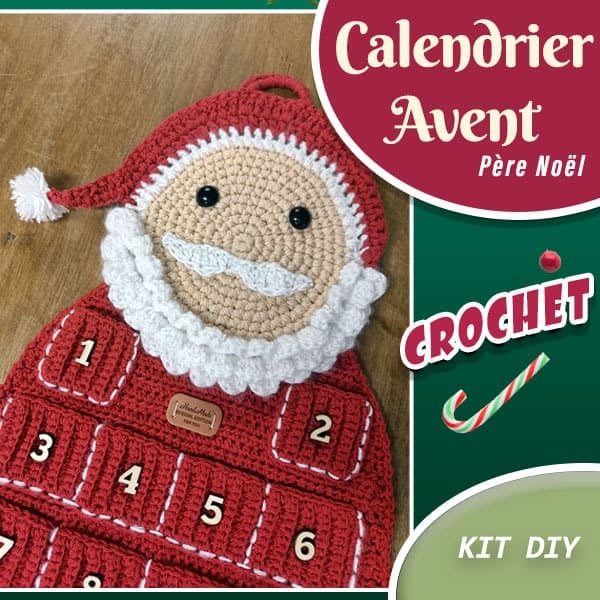 Kit de calendrier de l'Avent au crochet "Père Noël" comprenant des poches festives personnalisables, idéal pour créer un calendrier de l'Avent unique et partager la magie des fêtes en famille. Ce texte met en avant les mots-clés pertinents tout en décrivant clairement l'image. Si tu as besoin de modifications ou d'autres suggestions, fais-le moi savoir !